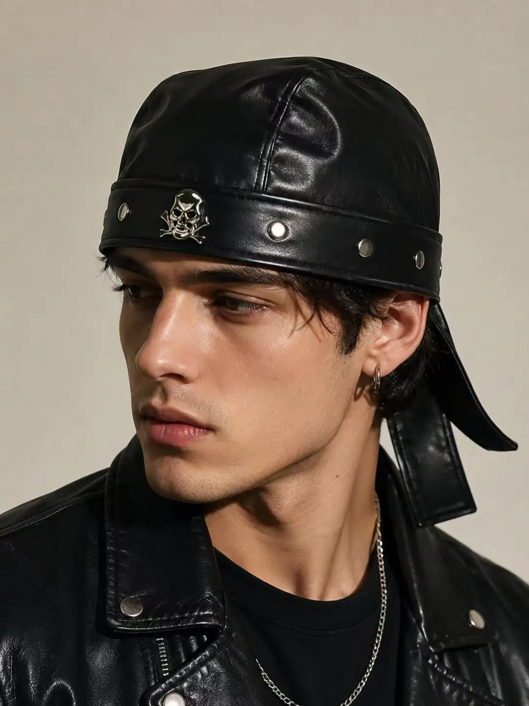 A Retro Navy Painter'S Hat Featuring a Skull Design, Embodying The British Dark Punk Subculture with Rivets