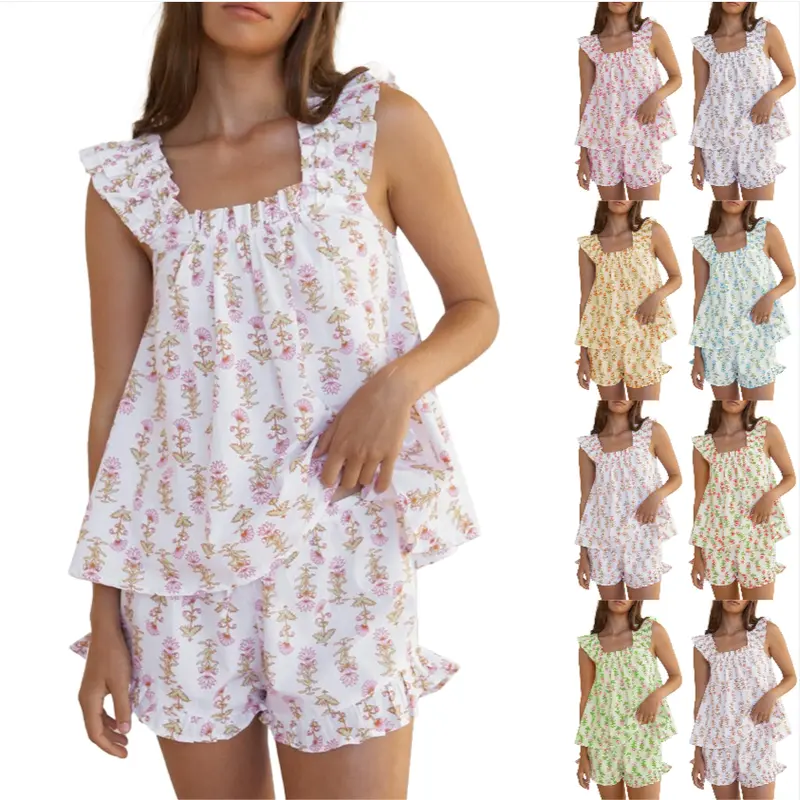 FMEYOA Womens Floral Print Pajama Sets Ruffle Trim Cami and Casual Shorts 2 Piece Lounge Set PJ