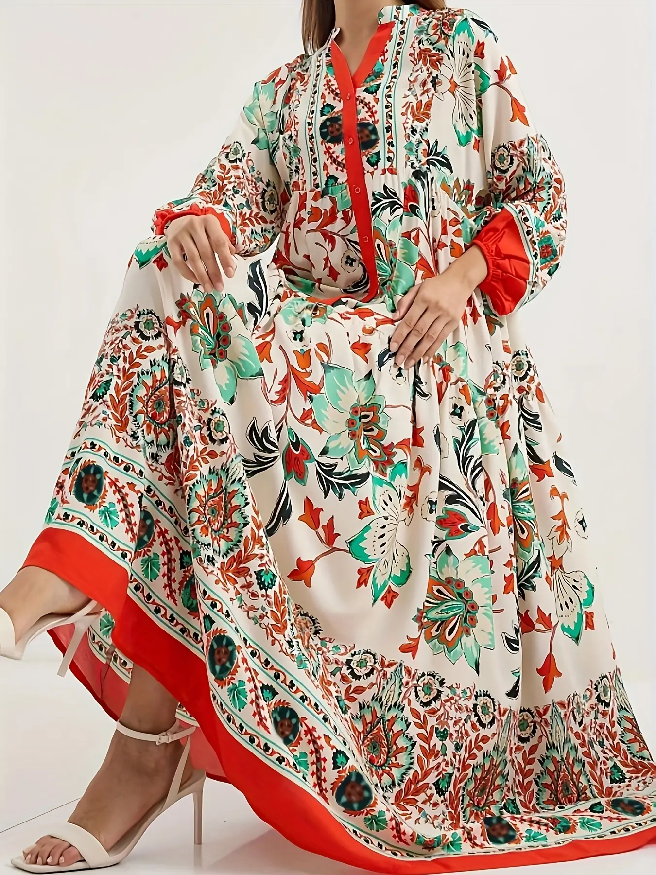 Elegant Muslim Women's Long Dress, V Neck Floral Print Turkish Kaftan,  Loose Fit Arabic Style, Perfect for Islamic Fashion, Modest Clothes, Muslim  Women Gowns - TikTok Shop