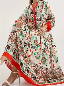 Elegant Muslim Women's Long Dress, V Neck Floral Print Turkish Kaftan, Loose Fit Arabic Style, Perfect for Islamic Fashion, Muslim Women Gowns