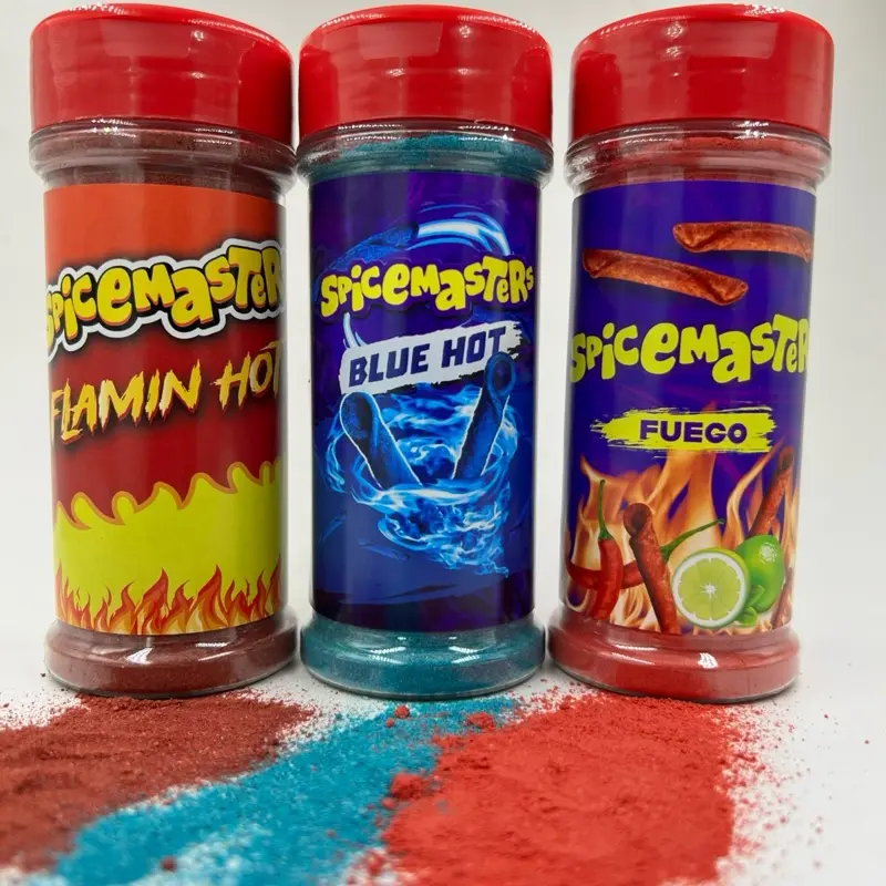SPICEMASTERS: The Triple Heat Collection Snack Seasoning - Original Flavor Lime, Blue Heat, Flamin' Hot - Plastic Bottle, 3.52oz Each, No Caffeine Traditional Mild Chili Authentic Mexican Shrimp and Extra Fancy Bulk Single savory dish Salt Taffy Natural t