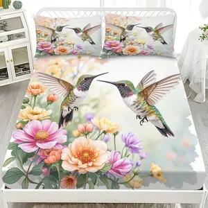 3pcs Hummingbird Floral Watercolor Painting Bed Sheet Set Quilted, Active Printing, All Season Comfort, Machine Washable, Elegant Home Decor Accessory, Bed Sheet Sets