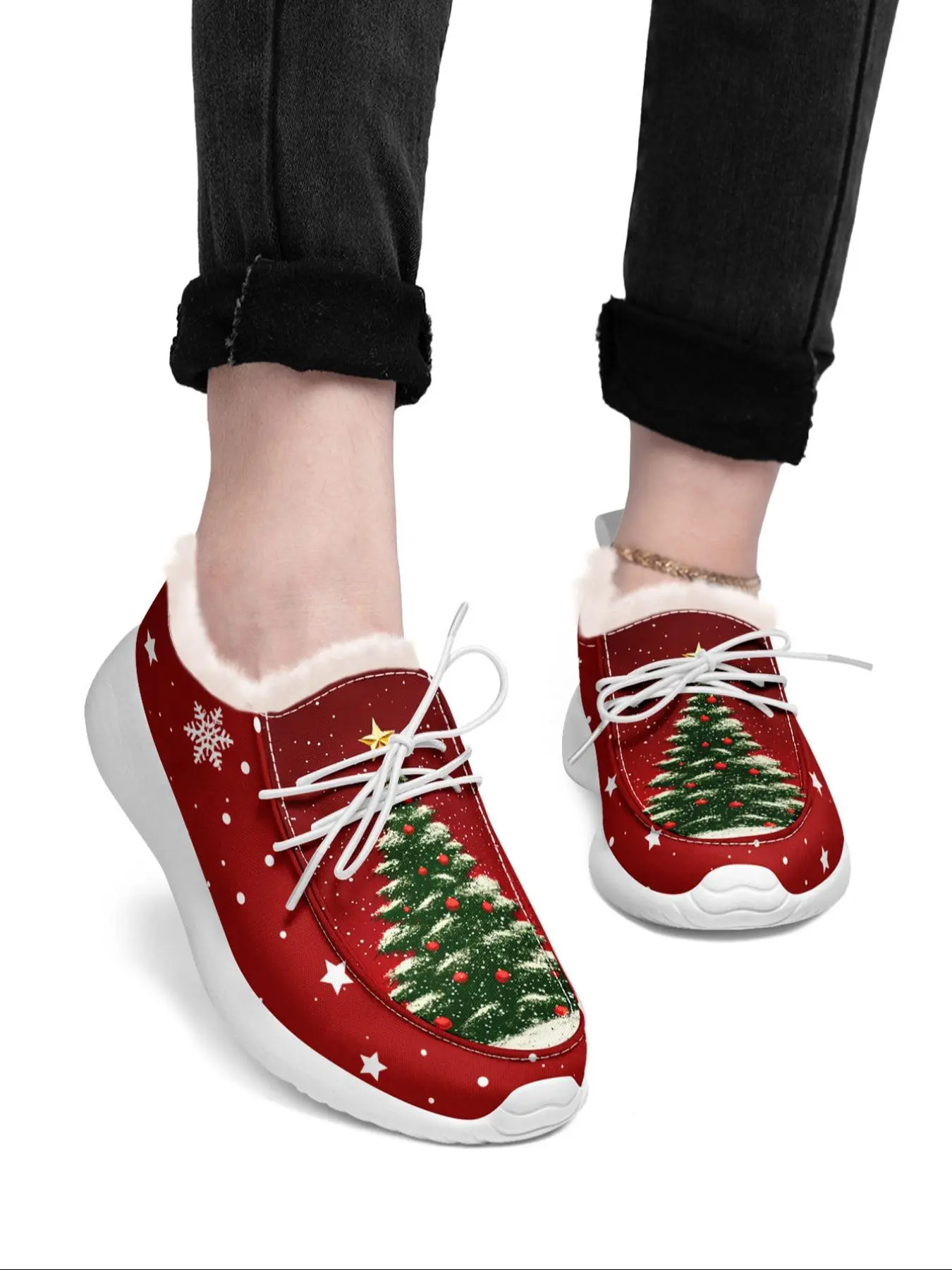 Women's Christmas Themed Lace Up Low Top Sneakers, Casual Comfortable Plush Shoes for Autumn and Winter, Personalized Fun Christmas Gift for Mom/Dad/Her/Him