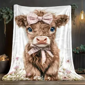 [1pc Highland Cow Blanket] Soft & Lightweight, Cozy Chic Blanket, Warm, Cute Cow with Bow Design, All-Season Use for Sofa, Bedroom, Living Room or Travel, Gift for Family or Friends, Cozy Home Accessory