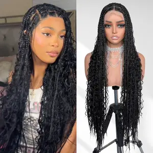 FABÉLLE 32inch Boho Box Braided Wigs With Curly Hair Knotlesss Style Synthetic Braided Full Lace Wigs With Baby Hair Heat-resistant Lightweight realistic hairline Lace Frontal Wigs Lace Closure Wig Hand Tied Wig