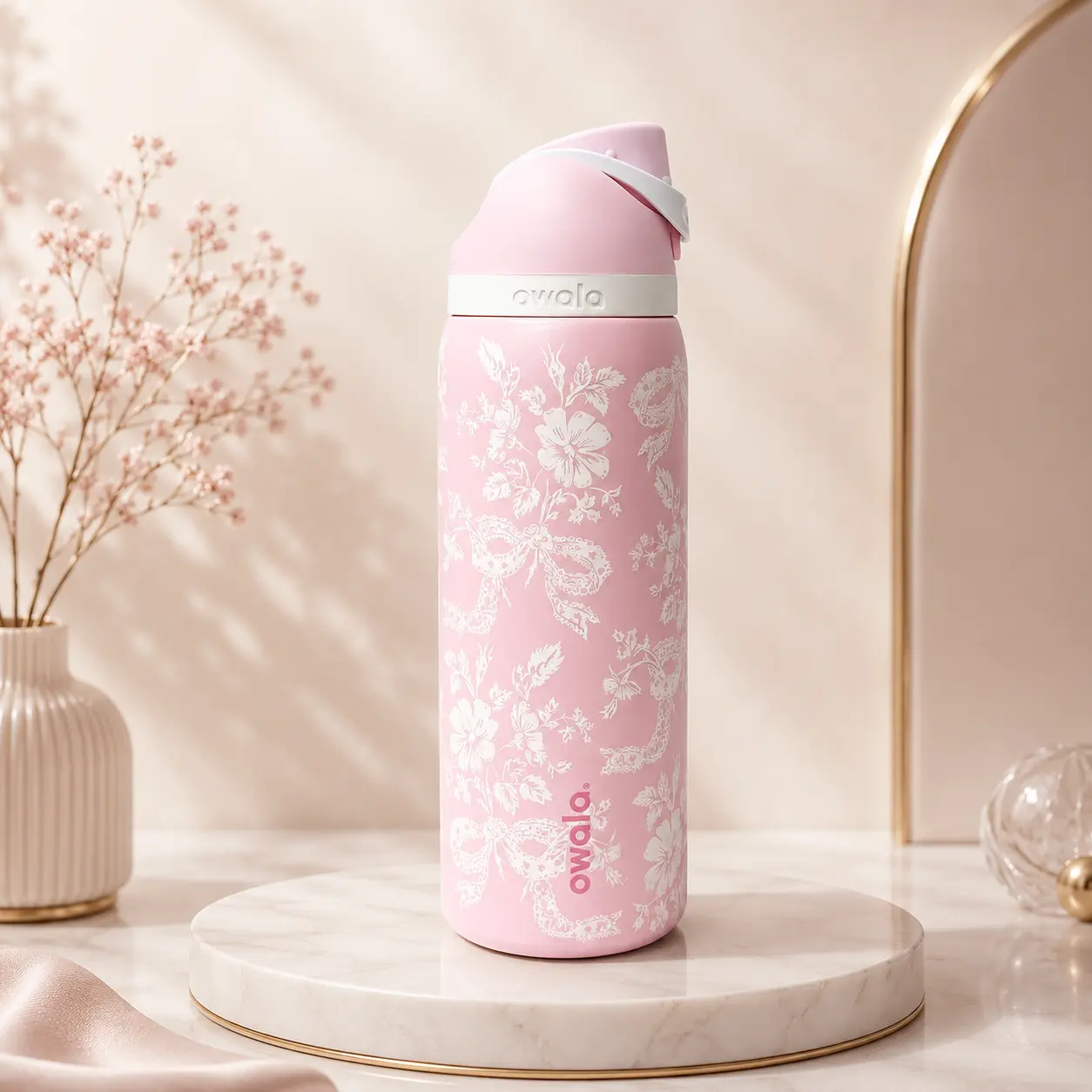 32oz Owala Ribbon Toile Pink Bow Insulated Stainless Steel Water Bottle