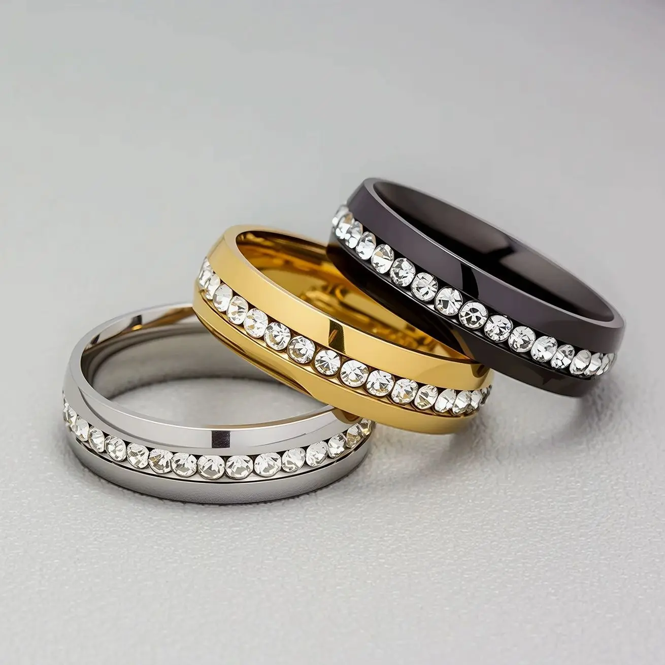 White Rhinestone Couple Ring, Stainless Steel Multi-Color Band, Wedding Engagement Party Jewelry