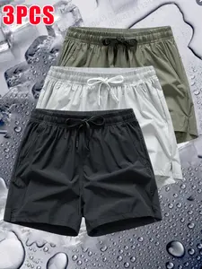 3 pieces of men's summer ice silk sports three inch shorts with drawstring and zipper pocket, lightweight and cool, suitable for fitness training, cycling, outdoor hiking, swimming, comfortable stretch shorts.