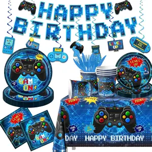 Gamer Birthday Party Decorations Tableware,142pcs Gamer Birthday Plates and Napkins,Banner,Tablecloth,Cup,Blue Video  Decorations for Boys