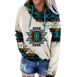 Women's Western Ethnic Style Print Aztec Hoodie Pullover Cowgirl Rhombus Printed Hooded Sweatshirt