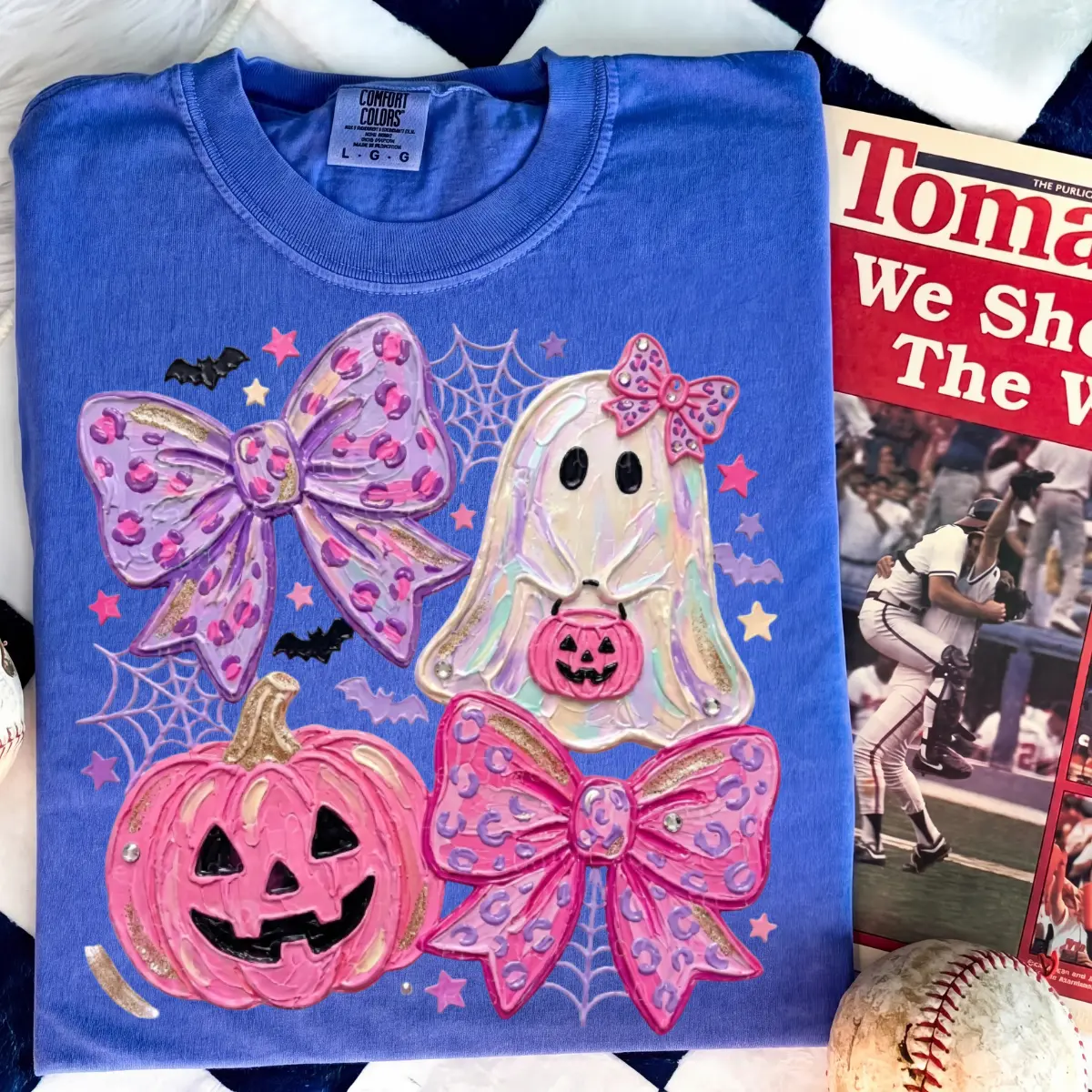 [PRINTED] Comfort Colors Spooky Boo Ghost Shirt, Neon Pink Halloween Tee, Girly Coquette Halloween Bow Top, Preppy Glitter Pumpkin Apparel