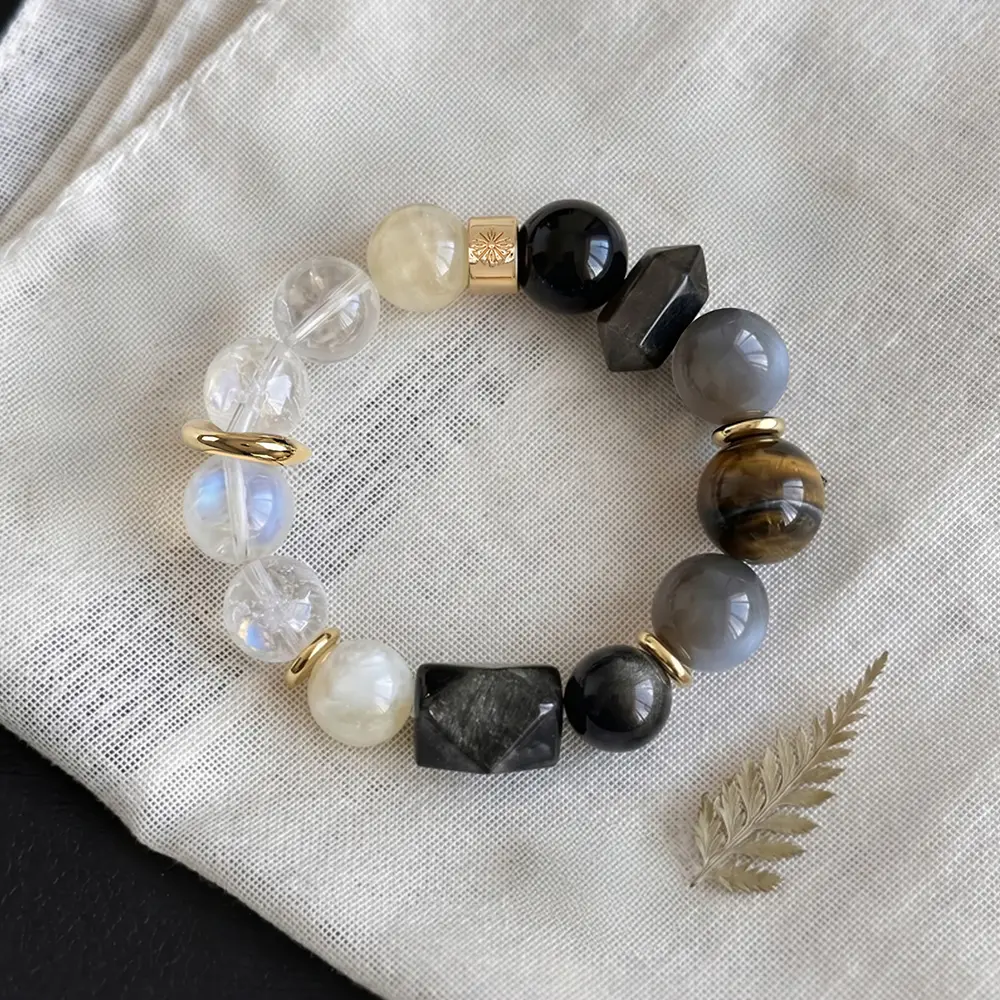Smoky Mixed Crystal Healing Energy Bracelet Chunky Silver Obsidian Grey and Blue Moonstone Clear Quartz Combination Dark Aesthetic Jewelry For Her For Him Gift for Men for Women