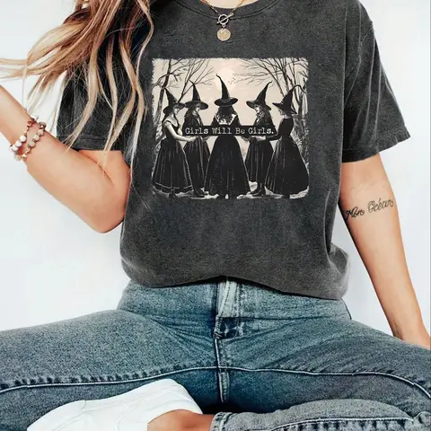 Women's Halloween Cartoon Witch Print Round Neck Tee, Fashion Casual Short Sleeve T-shirt for Daily Wear, Ladies Summer Clothes