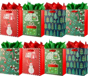 12Pcs Christmas Gift Bags with Tissue Papers, 9" Small Christmas Treat Bags for Gifts with Tags, Xmas Paper Goodie Bags for Party Supplies