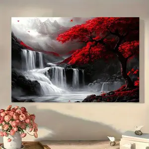 Striking Red Trees & Waterfall Canvas Wall Art with Wooden Frame - Modern Black, White, and Red Color Scheme for Living Room Decor, Ideal Gift for Birthdays, Graduations, Back to School Ornaments Decoration Artistic Print Photo