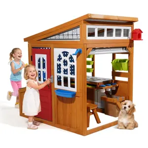 Outdoor Playhouse, Cedar Wooden Kids Playhouse with Bird Nest, Doorbell, Trash Bin, Gravity Wall Set, Storage Pocket, Windowsill, Wooden Kids Cottage for Aged 3 to 10, Rounded Corners