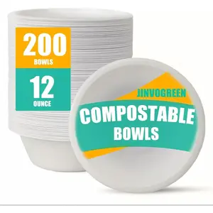 200 Count 12 oz Paper Bowls, Disposable Compostable Bowls Bulk, Heavy Duty Biodegradable Bagasse Bowl for Snacks, Soup, and Salads, White