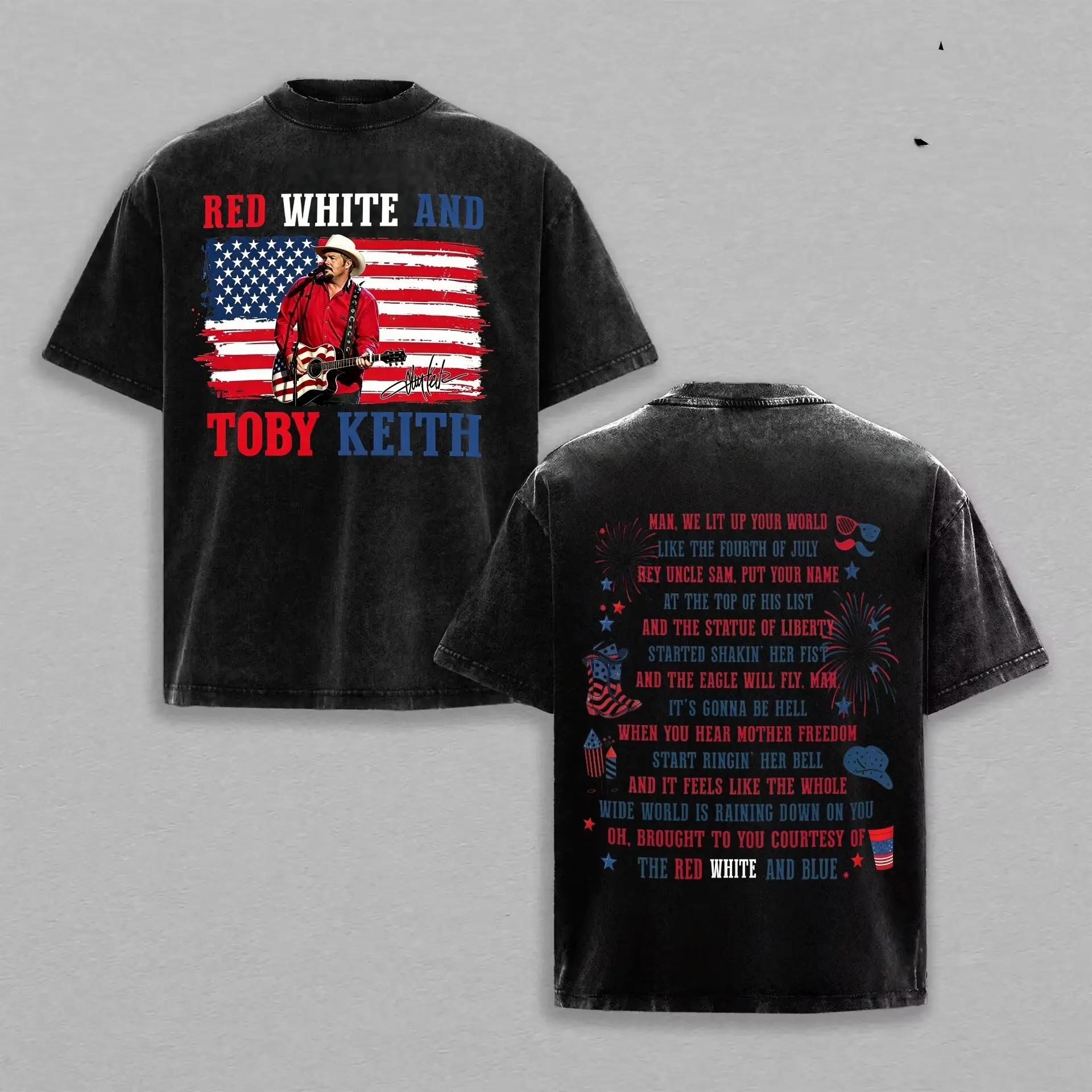 Mens Toby Keith "Courtesy of the Red" Short-Sleeve Round Neck T-Shirt, Menswear Contemporary Clothes, 4th of July Festive Funny Graphic Casual Streetwear Top, Shortsleeve, 3Xl