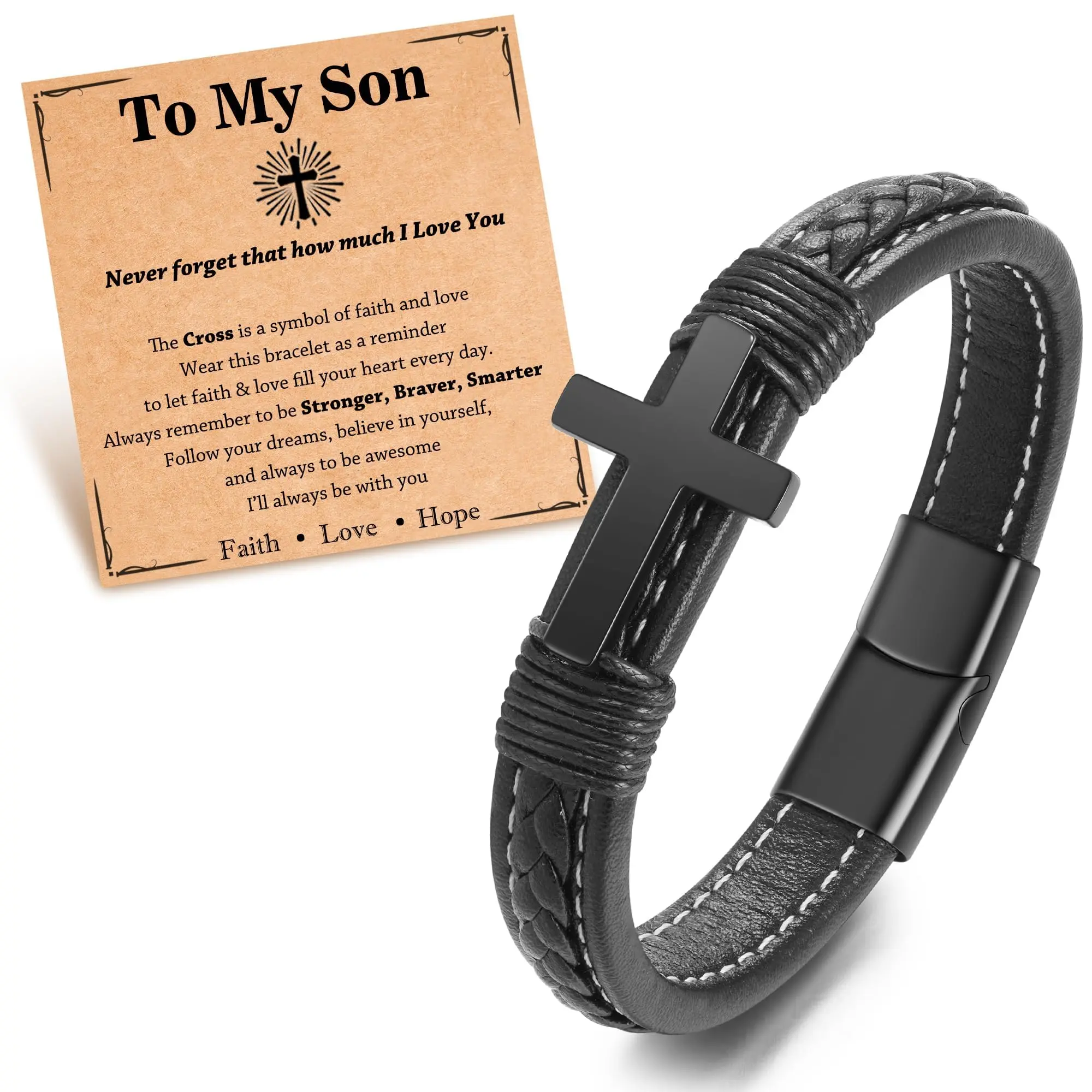 Cross Leather Bracelet for Son/Grandson/Boys,Birthday Easter Graduation Christmas Gifts