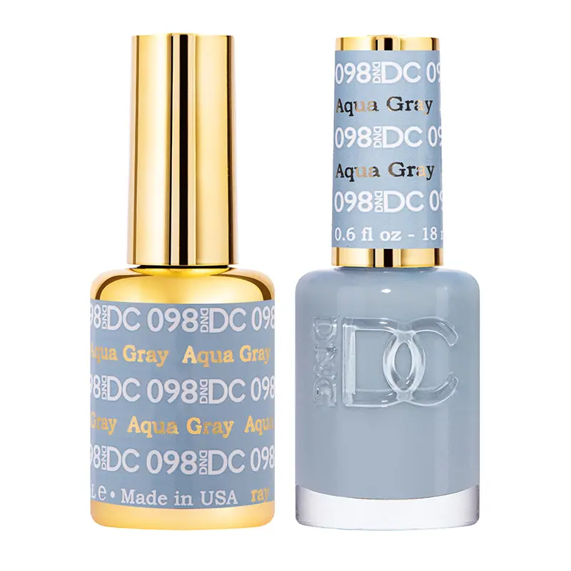 DND DC Duo Gel Polish & Matching Lacquer Set, #098 Aqua Gray, Long-Lasting Professional Manicure Color, Nail Art, Uv, Bottle, Two Bottles