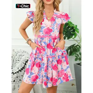 Women’s floral print V-neck flutter-sleeve dress, elegant resort-style short-sleeve dress for holiday vacations, ladies’ summer clothing