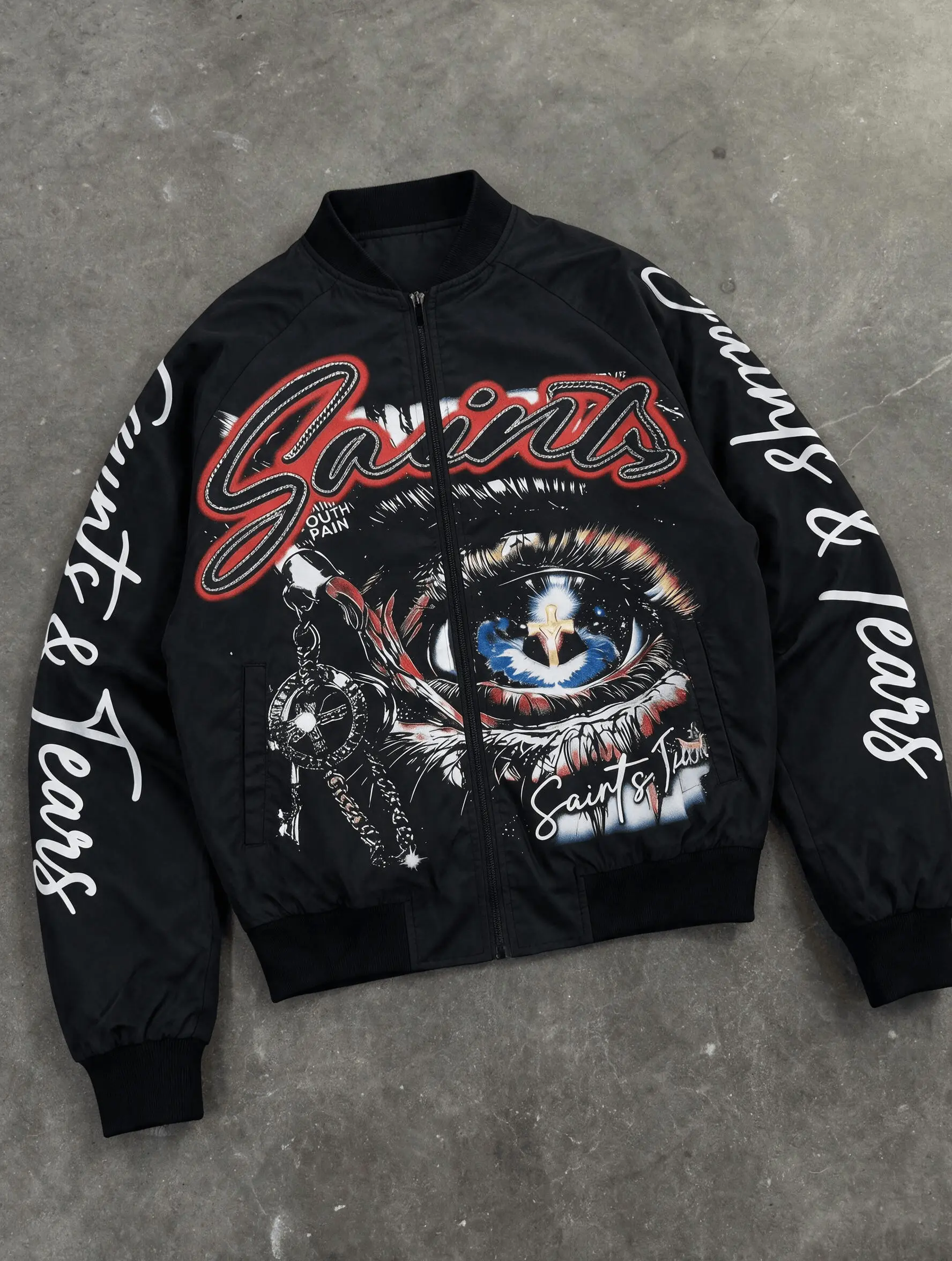 Men’s Graphic Zip-Up Bomber Jacket - Menswear Casual Coats, Vintage Hip Hop Eye Cross Saints Graffiti Streetwear Outerwear, Full Print Y2K Pilot Jacket with Rib Cuffs & Hem