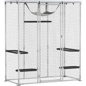 Large Catio Outdoor Cat Enclosure, Galvanized Steel Walk-in Cat Patio for Multiple Kittens, Outdoor Kitty Cage with Waterproof Cover, 5 Adjustable Platforms, Hammock, Chicken Coop Flat Roof