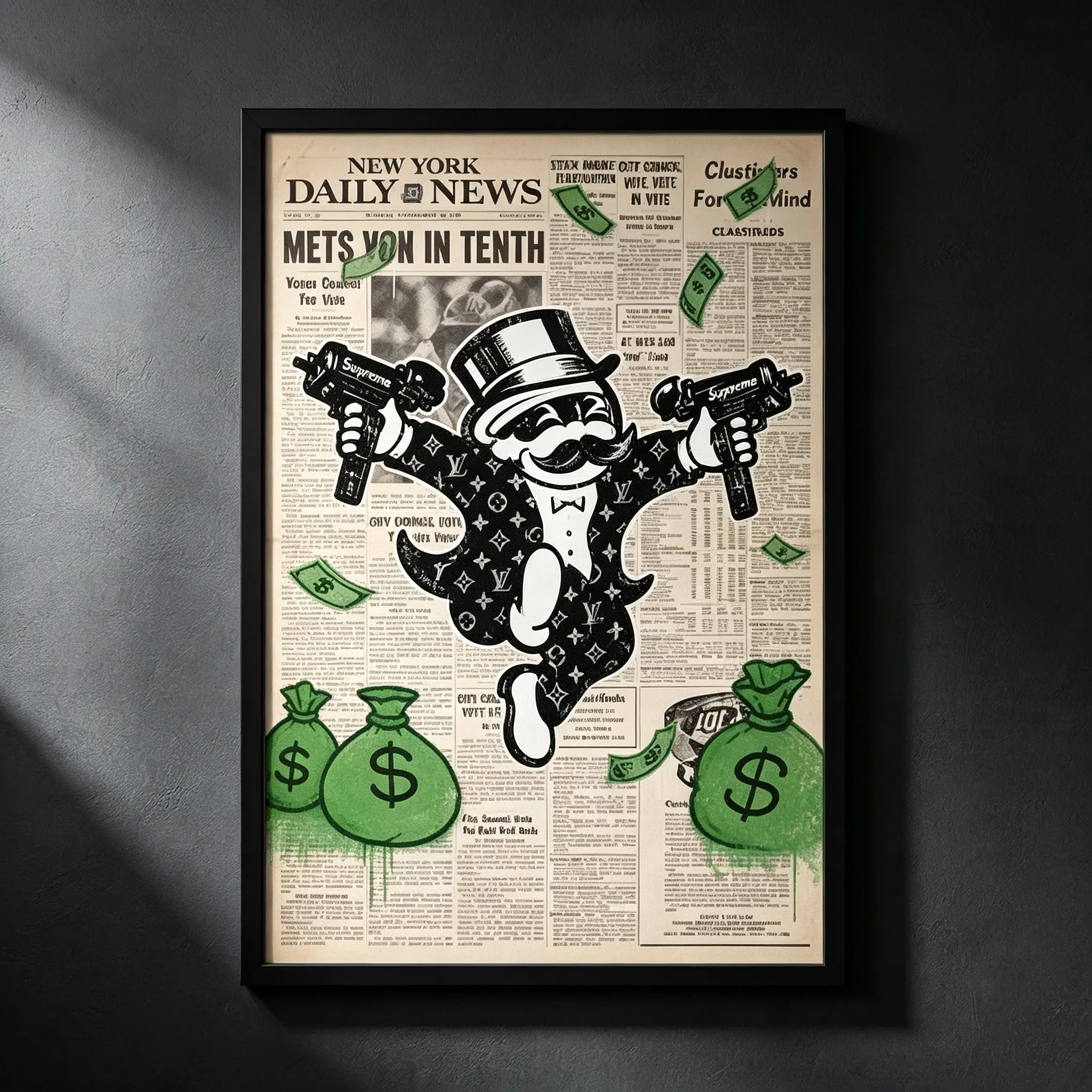 Monopoly Street Art Graffiti Unframed Canvas Print - Retro Newspaper Background Home Decor, 1-Piece Plastic/Wood Wall Art for Gaming Setups, Boxed Valentine's Day Christmas Gift for Hypebeasts