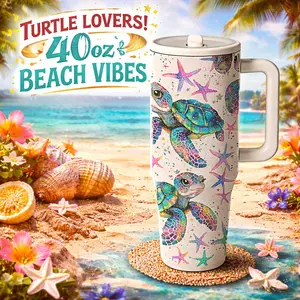 AuraCup 40oz Insulated Tumbler with Handle, Tumbler Drinkware, Stainless Steel Vacuum Travel Mug, Vacuum Insulated Flask, with Sea Turtle Ocean Print, Large Capacity for Hot Cold Drinks, Coffee Mug for Car Office Outdoor Use, tumbler with lid and straw