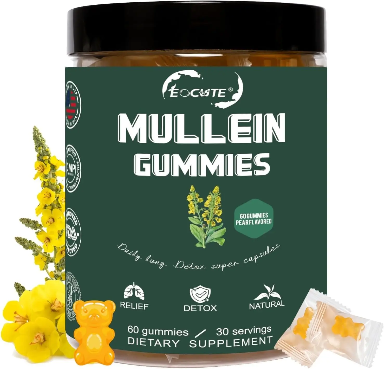 Mullein Chewable Gummies for Lung Cleanse and Detox, Respiratory Health USA NEW