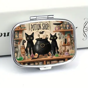 Vintage Gothic Style Pill Case with Mirror, Double Compartment Plastic Travel Pill Box, Portable Pocket Medicine Organizer, Vitamin Organizer for Witchy Vibes & Cats
