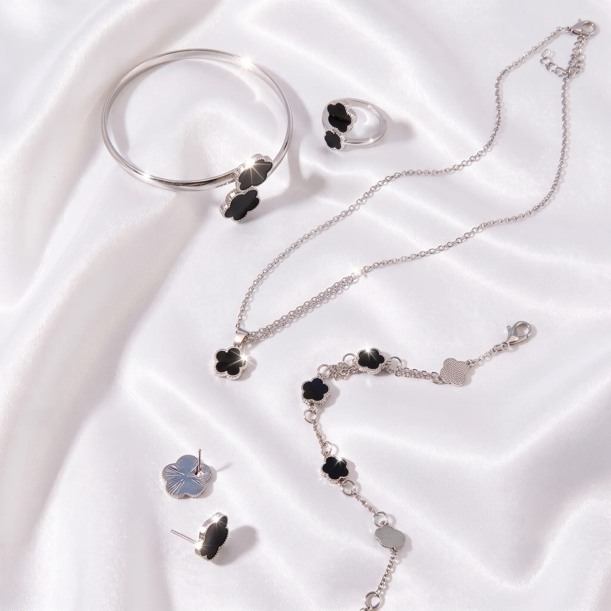 Women's 5-PCS Jewelry Set - Sterling Silver Lucky Flower Necklace, Ring, Bracelet, Earrings, Adjustable Fit, Dainty Party Gift for Best Friend, Daughter, Birthday/Anniversary Everyday Wear