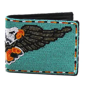 Handmade beaded Native American style genuine leather Men's bifold Wallet/purse - Sea Green Eagle