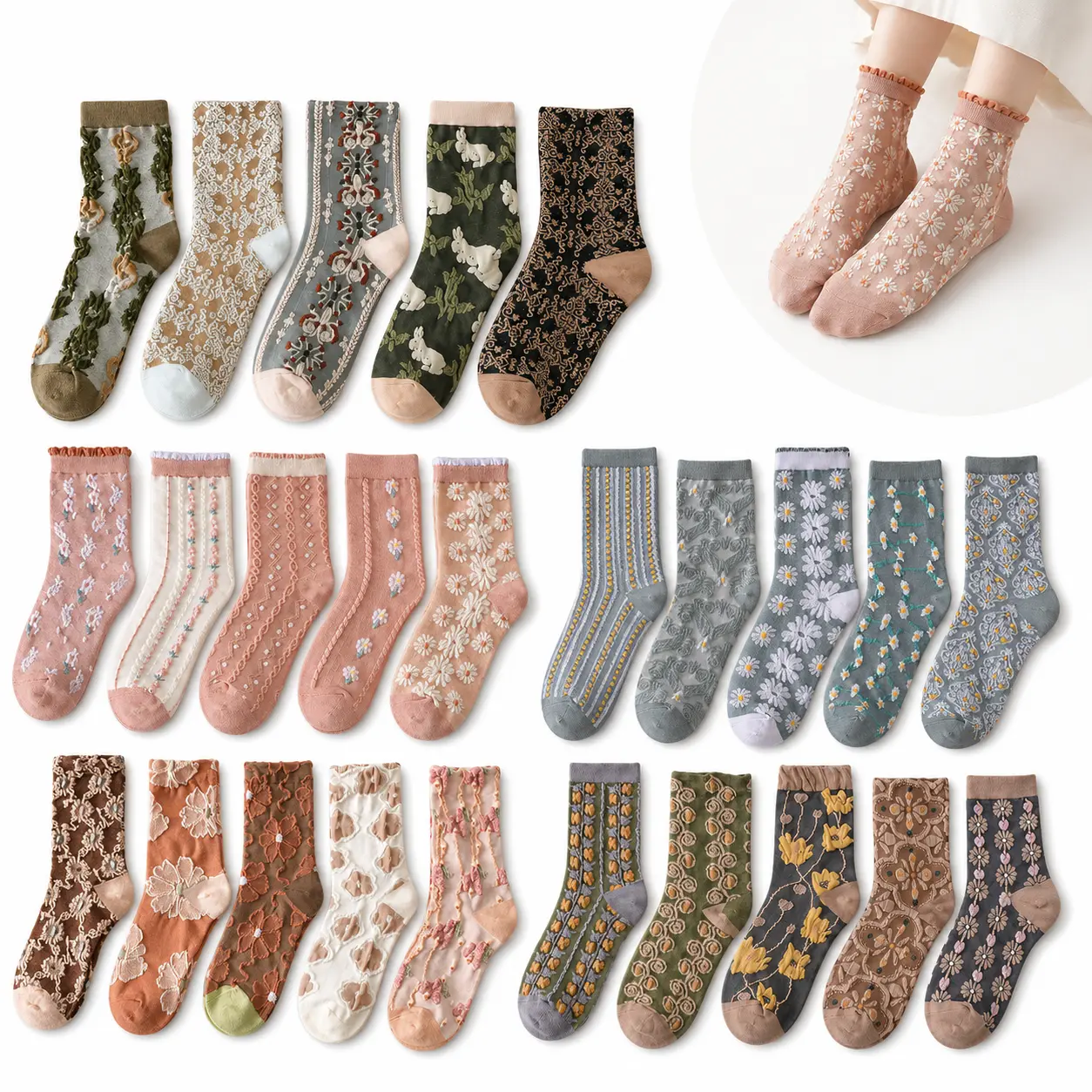 10 Pairs Vintage Embroidered Floral Ankle Socks, Womens Floral Cute Socks, Fall Socks, Comfortable Ankle Ruffled Socks for Women Elegant Embroidery