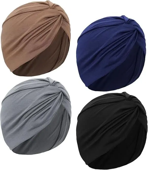 4 Pieces Turbans for Women Soft Pre Tied Knot Pleated African Head Wraps Cancer Turban Cap Chemo Headwrap Head Wear