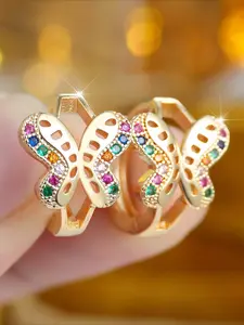 1 Pair Rainbow Cubic Zirconia Golden Plated Butterfly Hoop Earrings, Hollow Huggie Ear Buckles For Women, Cute Animal CasualJewelry For Daily & Party Wear