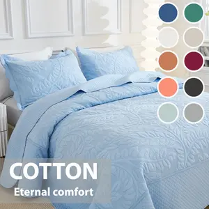 Oversized Quilt Bedspread Set 3-Piece, 100% Cotton Embroidered Queen King Size, Soft Breathable All-Season Comforter Cover, Leaf Design Bedspread