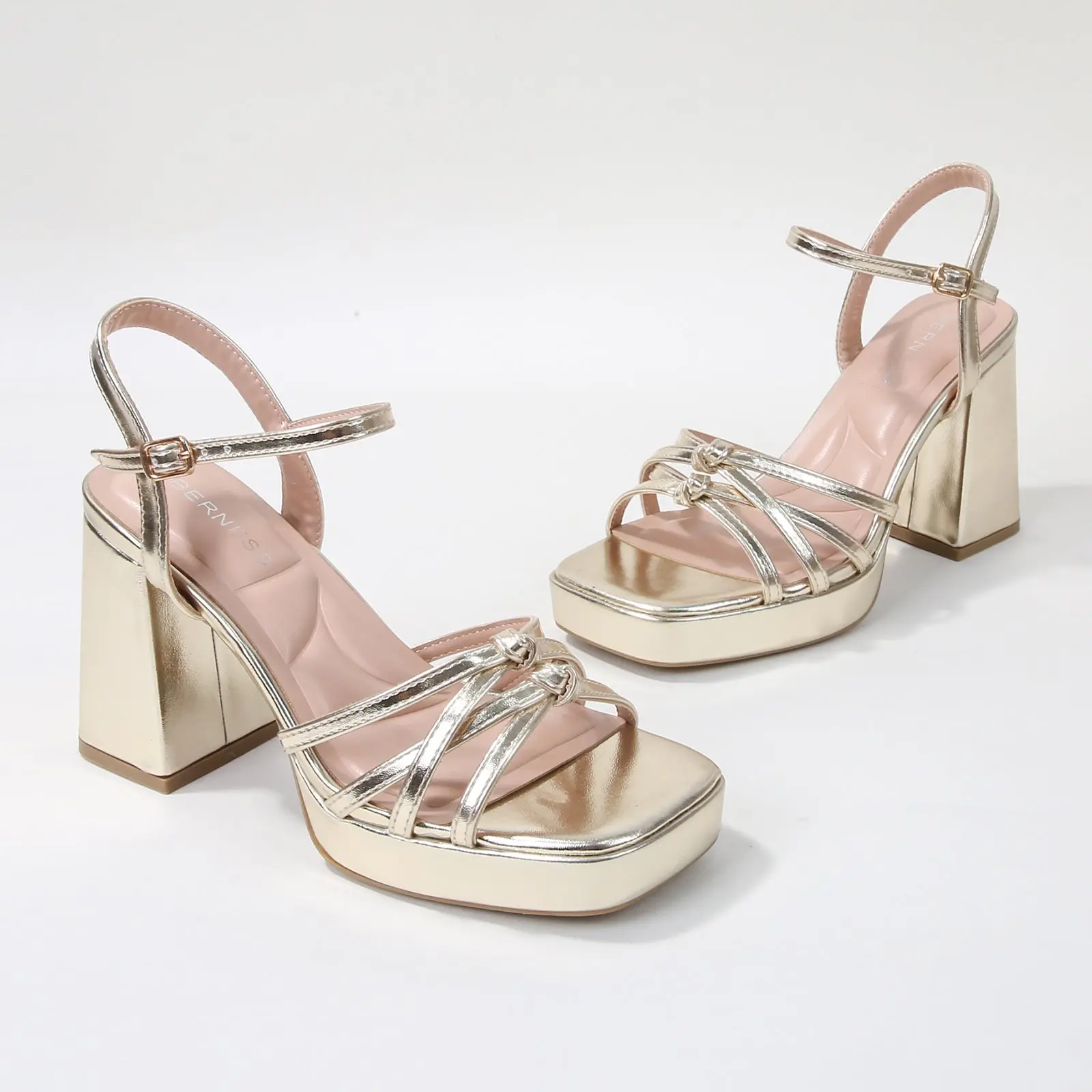 Women's Elegant PU Leather Footwear - 4-in Platform Sandals, Square Toe, Knotted Straps, Decor-Enhanced, Gold Heel, Memory Foam Cushioned Shoes