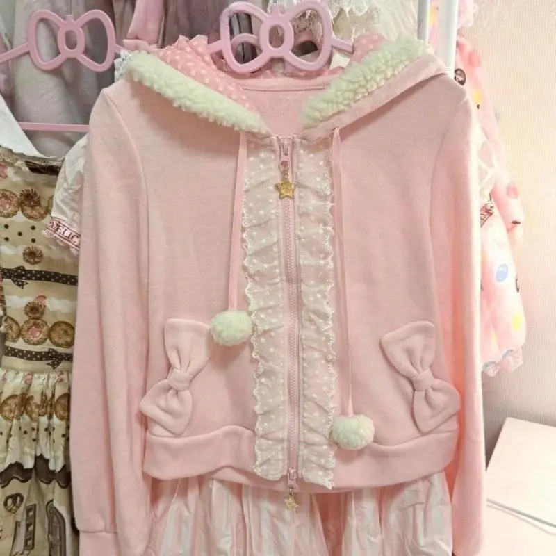 Japanese Cute Coat Embroidery Rabbit Ear Hooded Subculture Kawaii Y2k Tops Casual Fashion Sweet Coats Ropa Mujer Women Clothing
