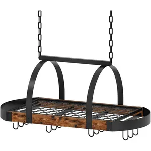Hanging Pot Rack, Pot Hanger for Kitchen, Ceiling Mounted Pot Holder, Cookware Organizer with 12 S-Shaped Hooks for Pot Pan Storage, Space-Saving, Rustic Brown and Black