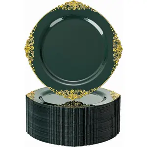 Nervure 100PCS Green and Gold Plastic Plates - 10.25inch Green Disposable Plates - Heavyweight Dinner Plate for Wedding & Party
