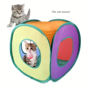 Foldable Cat Tunnel Toy, Rainbow Square Design, Interactive Pet Play Structure, Durable Material, Easy Storage Solution