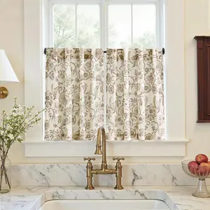 Small Window Curtains 30 Inch Linen Floral Curtain Set for Kitchen Bathroom Cafe Light Filtering Window Treatment Farmhouse Cottagecore Back Tab Drapes 2 Panels Taupe on Beige
