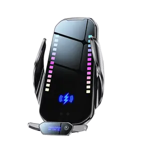 Upgraded Magnetic Phone Holder with Smart Wireless Charging 15W 66W wired charging Rhythm Color Lights Infrared Sensing Adjustable Car Mount Retractable Stand for Music Vehicle Use Steering Wheel