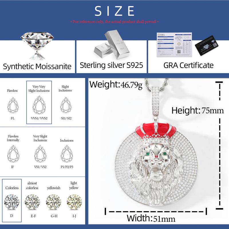 【#P684】Crown Lion Pendant UCCIYO S925 Sterling Silver Synthetic Moissanite Pendant Necklace for Women Men Hip Hop Jewelry Gift