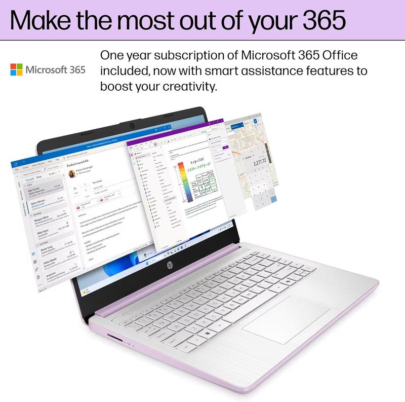 HP 14 Laptop Student Business 2026 Flagship Computer, AI Copilot, 4-Core 13th Gen Intel CPU, UP TO 16GB RAM 128GB UFS 1-Yr Office 365 Long Battery Win 11S Lavender