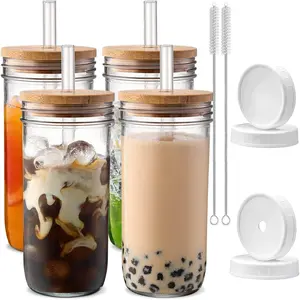 Glass Cups with Lids and Straws,24 oz Smoothie Cup with Lid and Straw-Boba Mason Jar,Matcha Cup Wide Mouth Reusable Drinking Glasses,Iced Coffee Cups Glass,Vasos De Vidrio[4 Pack]