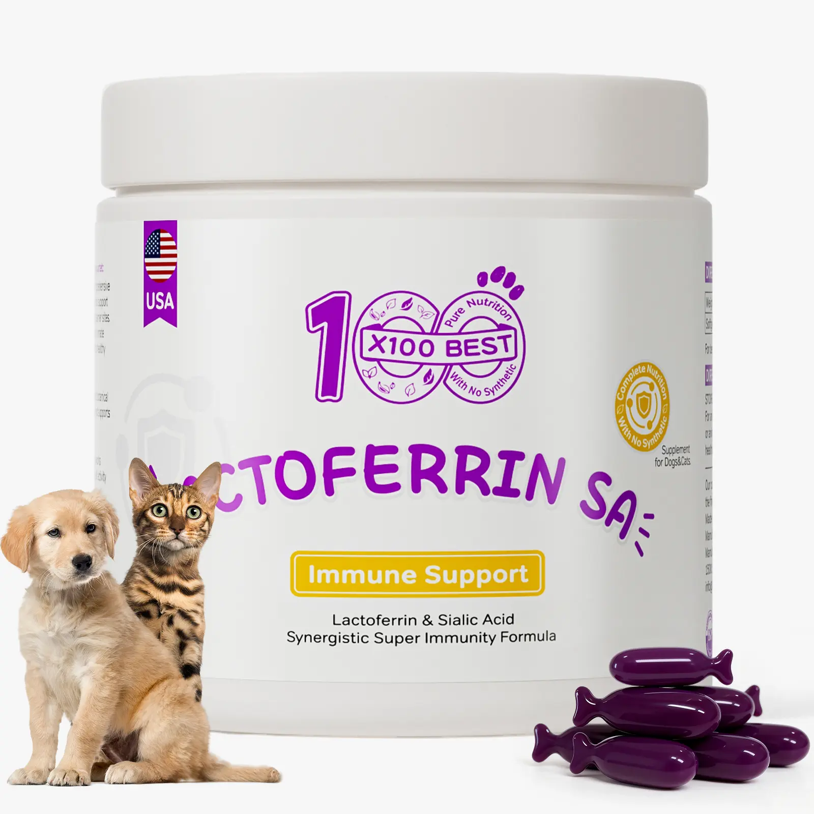 X100BEST Lactoferrin & Sialic Acid for Dogs & Cats – with Astragalus Polysaccharides & BB536 Probiotics, Immune & Digestive Support for Senior Pets & Weaning Puppies/Kittens, 90 Softgels