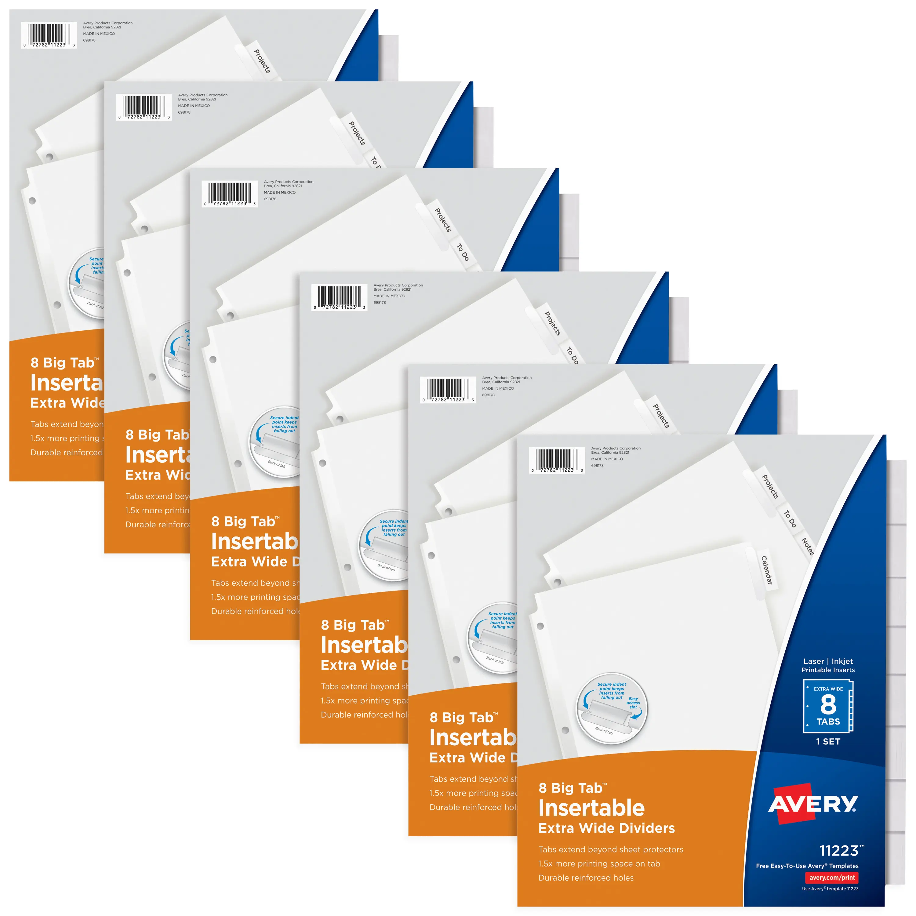 Avery® Big Tab™ Extra-Wide Insertable Clear Tab Dividers for 3 Ring Binders, 8-Tab Set, White, 6 Sets (11254)