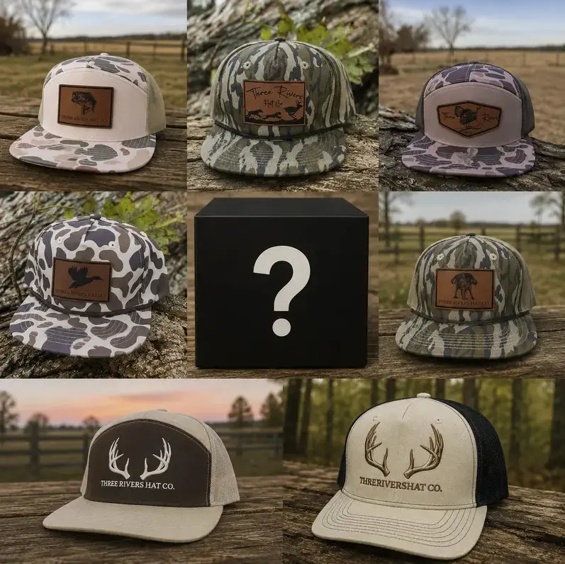 ( HOT DEAL 2026) Three Rivers Hat Collection One Hat Sent, Leather Patch/ Embroidered Hunting/ Fishing Theme Snapback Gift for Hunters, Camo 7 Panel Snapback Gift